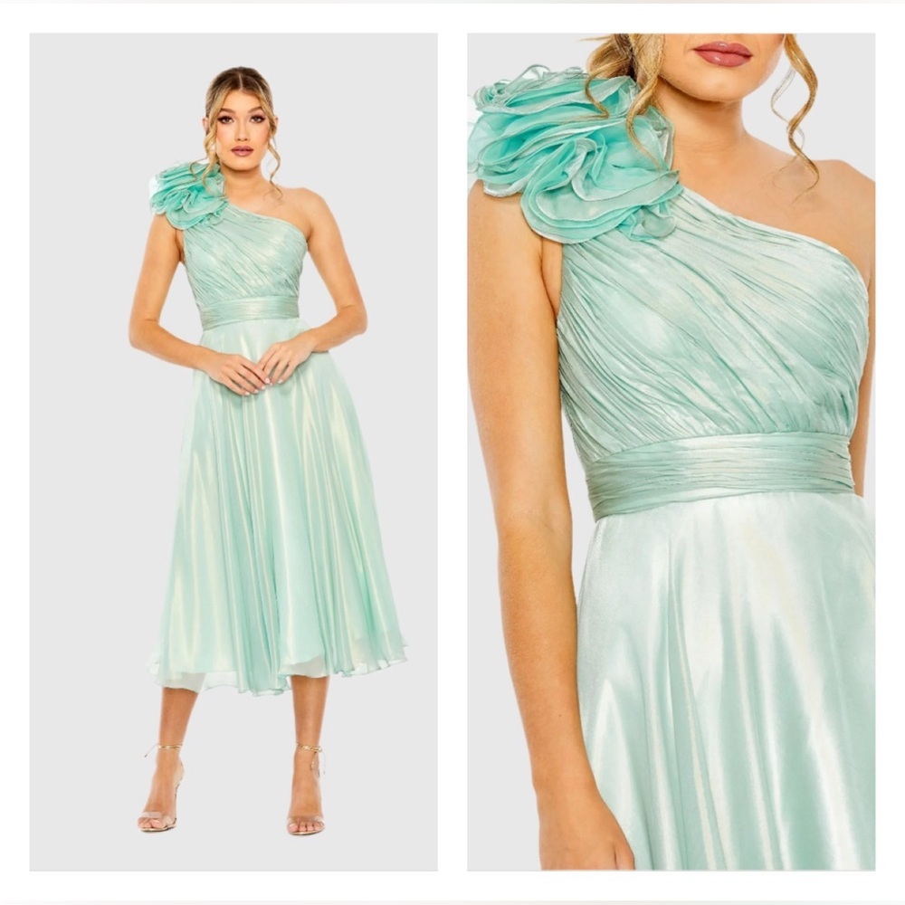 One-Shoulder Mint Midi Dress with Floral Appliqué